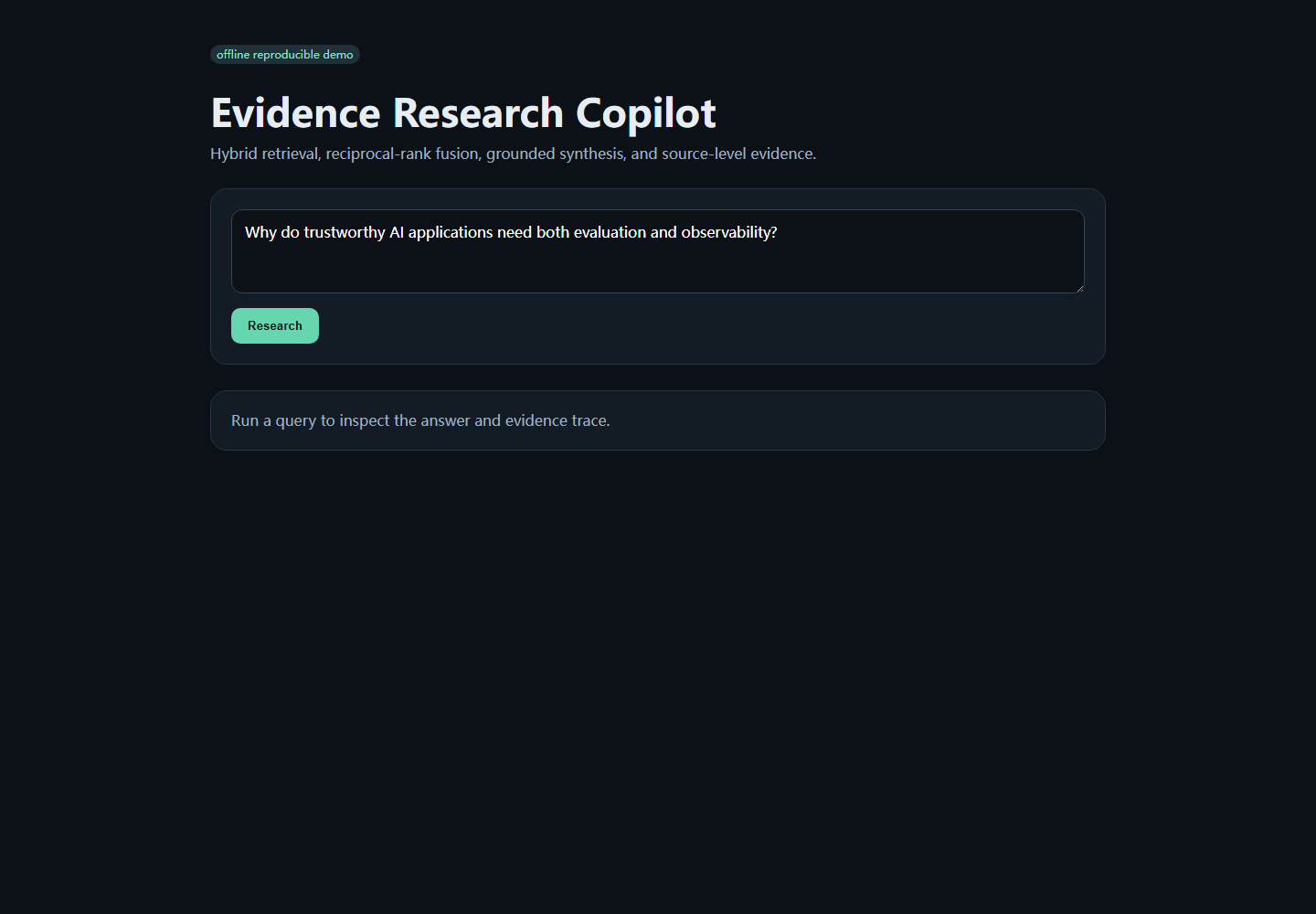 Evidence Research Copilot browser interface
